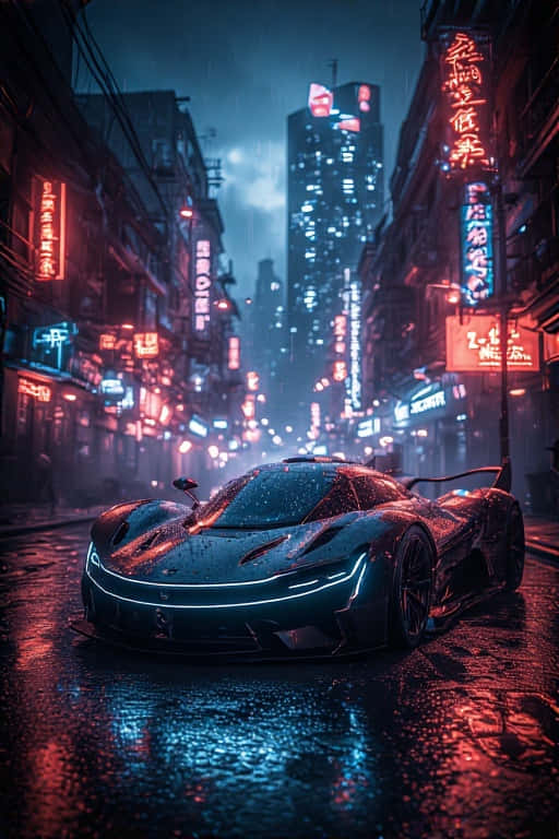 夜晚霓虹燈下濕漉漉的城市街道上的未來感跑車