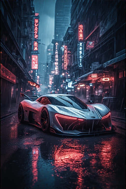 銀色未來汽車在夜晚濕潤的霓虹街道上
