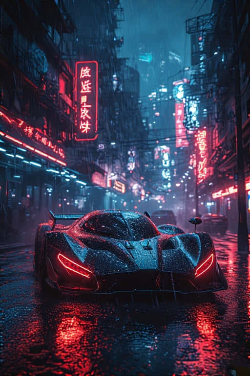 黑色跑車帶紅燈在濕霓虹街夜晚