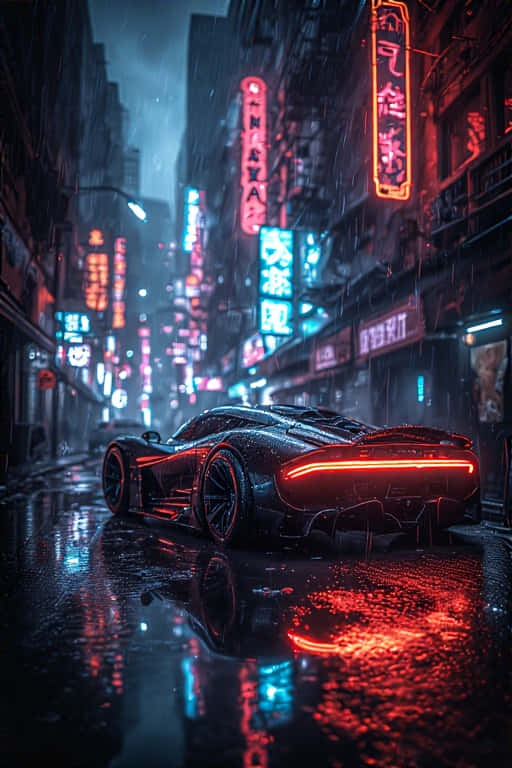 黑色跑車在濕滑的霓虹燈城市街道上夜間發出紅色尾燈光芒