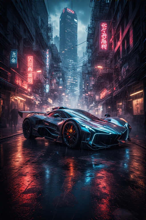 Cyberpunk Supercar in Neon Rainy Alley Futuristic 4K 壁紙 — 一輛時尚的未來主義跑車在雨濕的霓虹燈浸透的賽博朋克小巷中滑行，穿梭於高聳的摩天大樓之間。