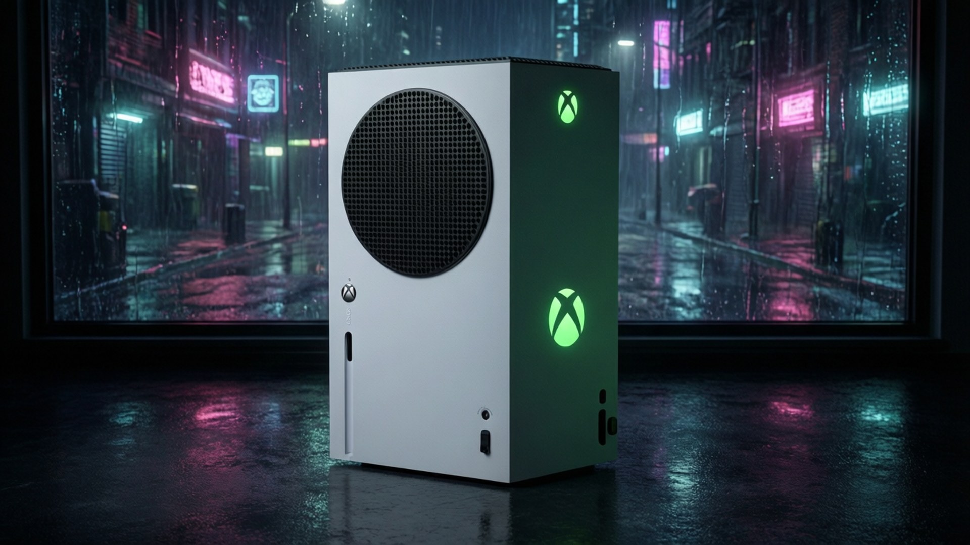 夜間霓虹城市窗旁濕地上的白色Xbox主機，帶發光綠色標誌