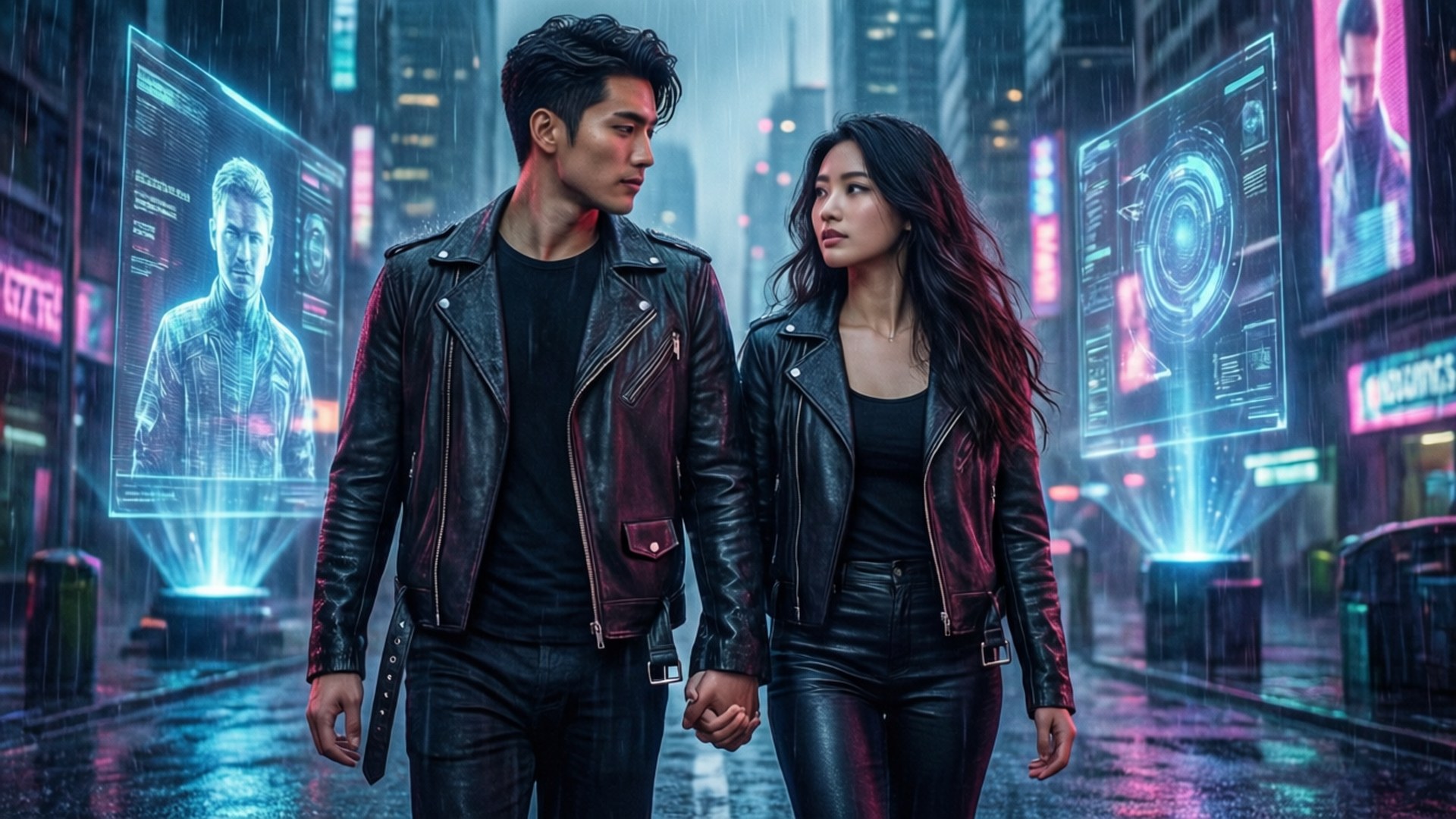 Cyberpunk 情侶 壁紙 — 一對穿著皮夾克的情侶手牽手走過雨中的霓虹燈賽博龐克城市景觀，周圍有全息廣告牌。
