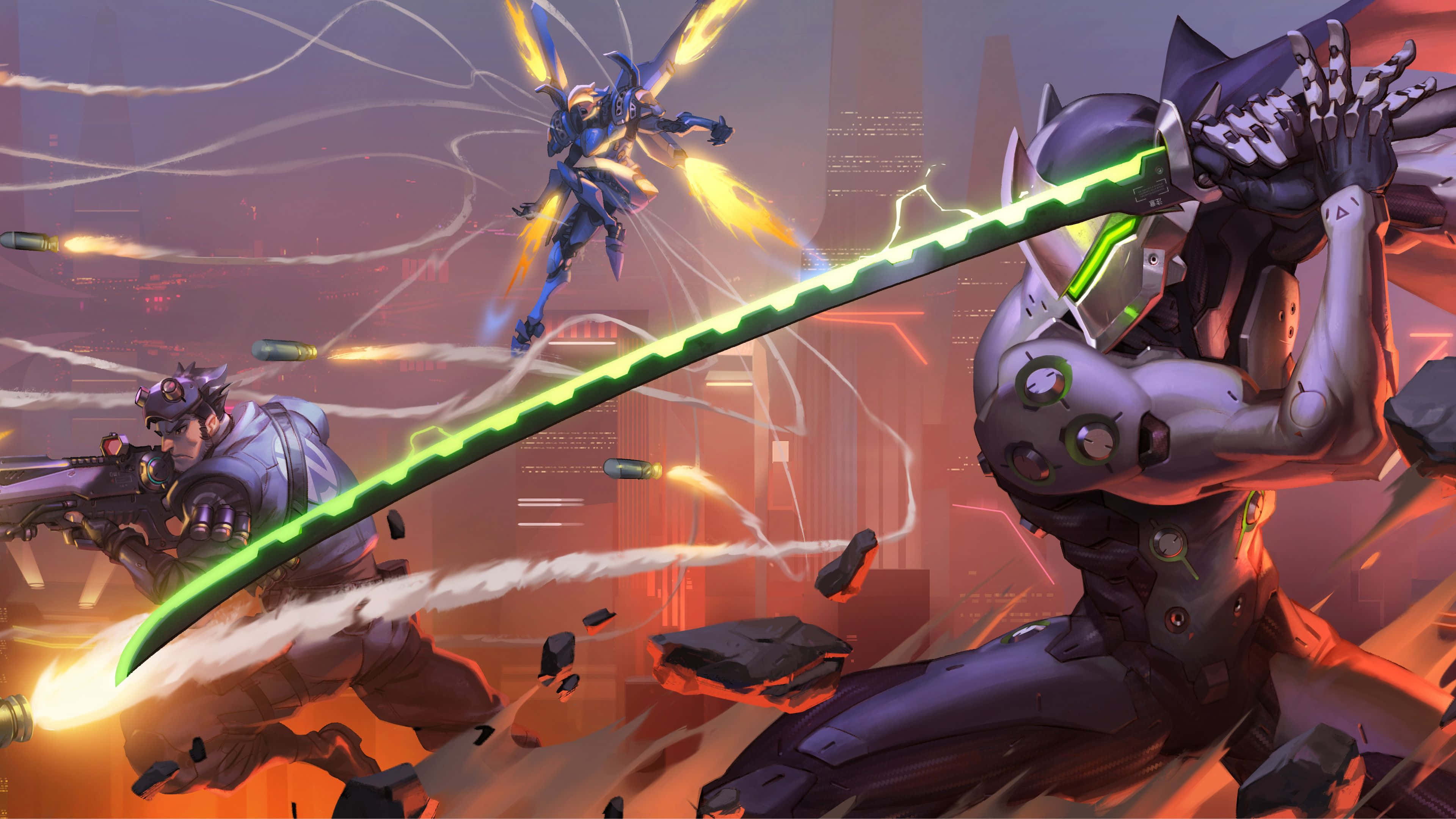 Aesthetic Overwatch 桌布 壁紙 — Cyberpunk 戰士在霓虹燈閃爍的城市景觀中碰撞，伴隨著發光的刀刃和爆炸性能量效果。