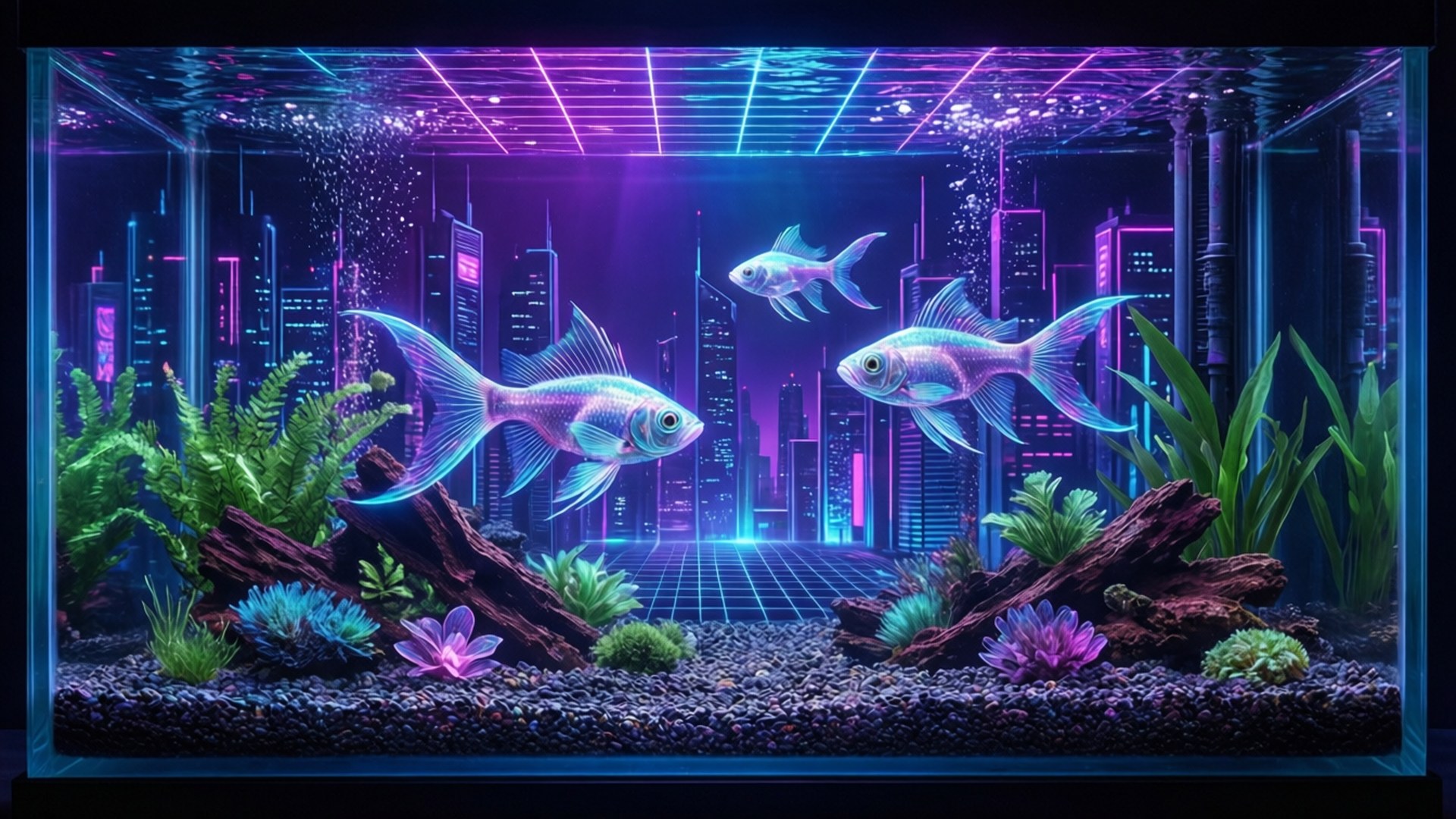 Cyberpunk 水族館 壁紙 — 霓虹燈水族館，發光的魚在賽博龐克城市景觀背景下游過。