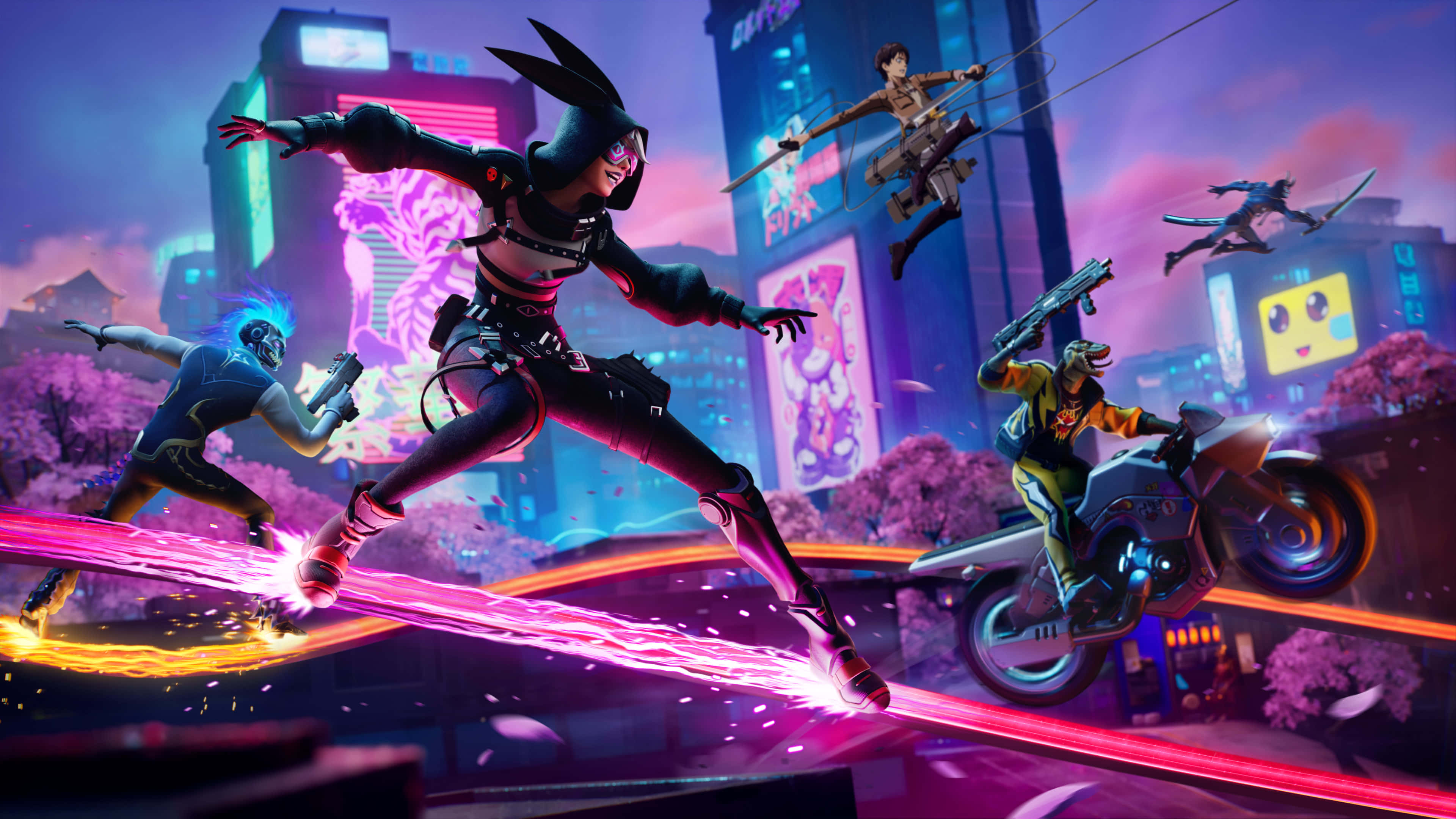 Cooperative Gameplay 桌布 壁紙 — Cyberpunk 英雄在霓虹燈照亮嘅城市街道上跳躍同戰鬥，伴隨著發光嘅能量軌跡同飛行電單車。