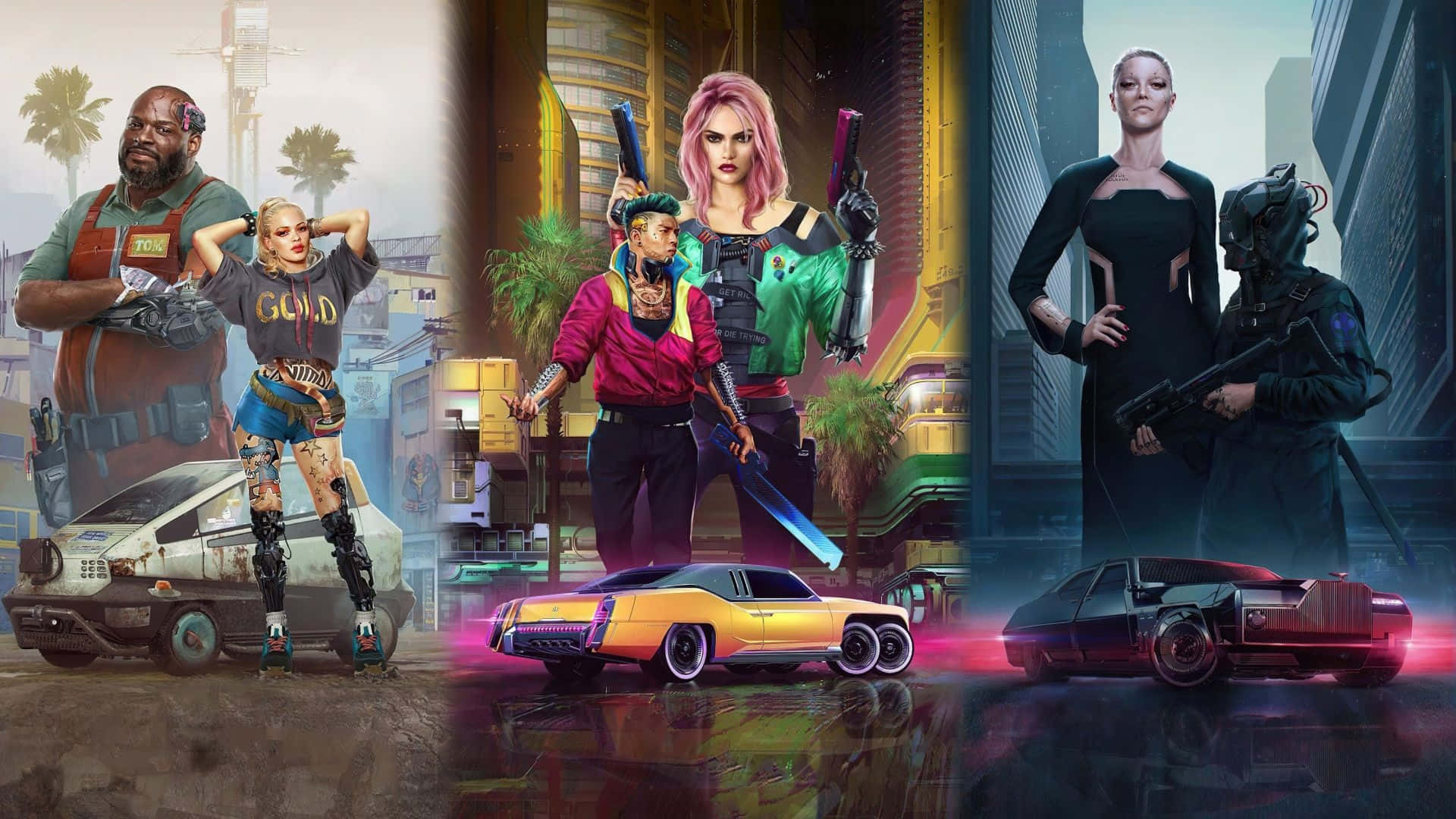 Cyberpunk 2077 Characters 桌布 壁紙 — Cyberpunk 角色手持槍械和未來汽車，站在霓虹燈照亮、有棕櫚樹和高聳建築物的城市場景中。