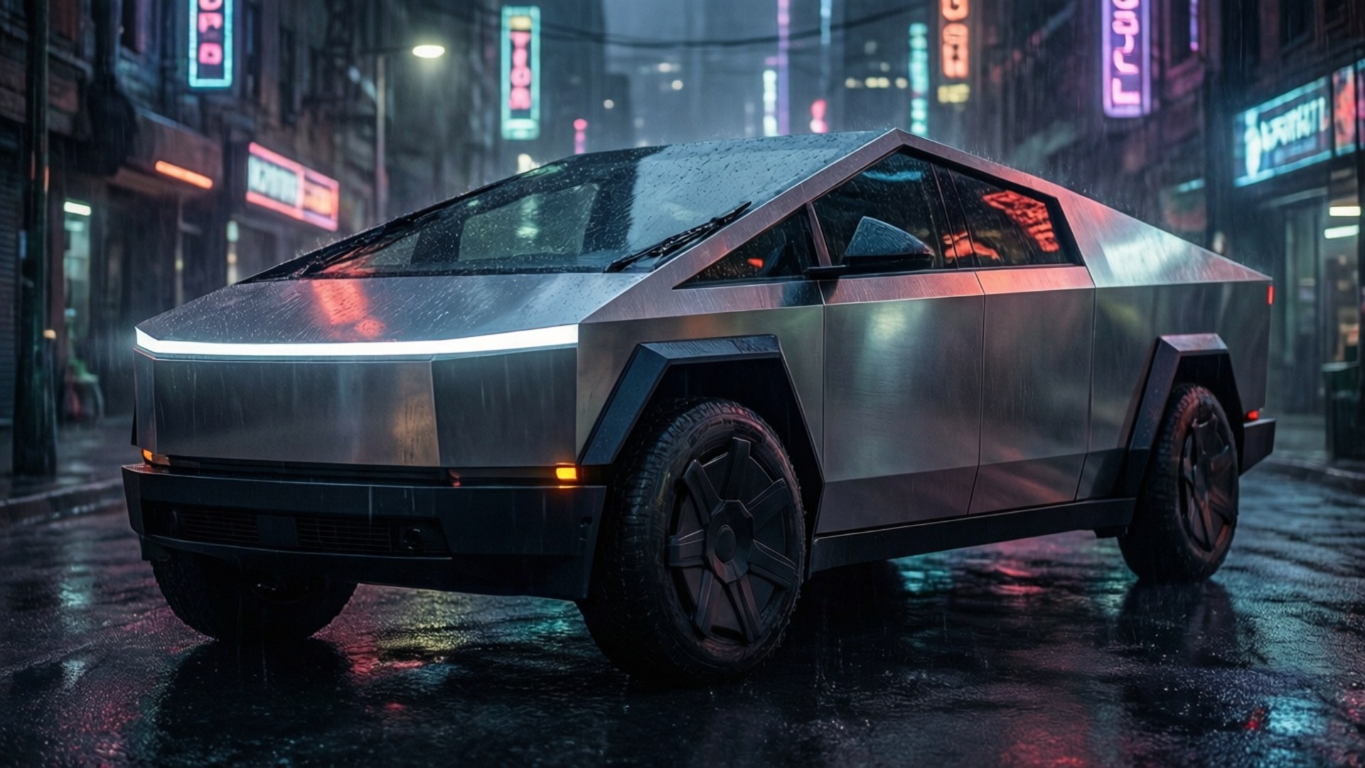 未來感十足的銀色電動卡車在夜間潮濕的霓虹燈街道上。