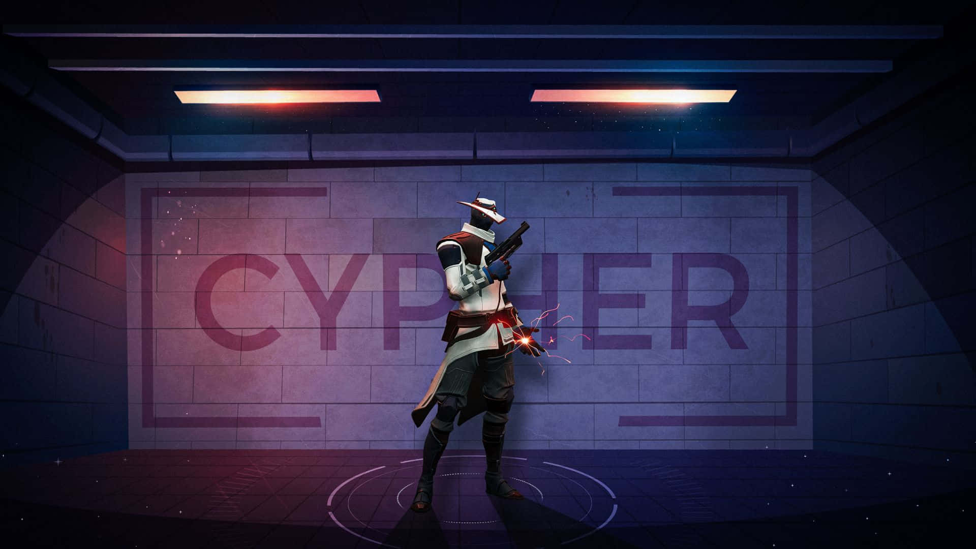 Cypher Valorant 1920x1080桌面 壁紙 — 一個戴面具的特工穿著白色外套，在一個光線昏暗的房間裡發射發光的武器，牆上寫著「CYpher」。