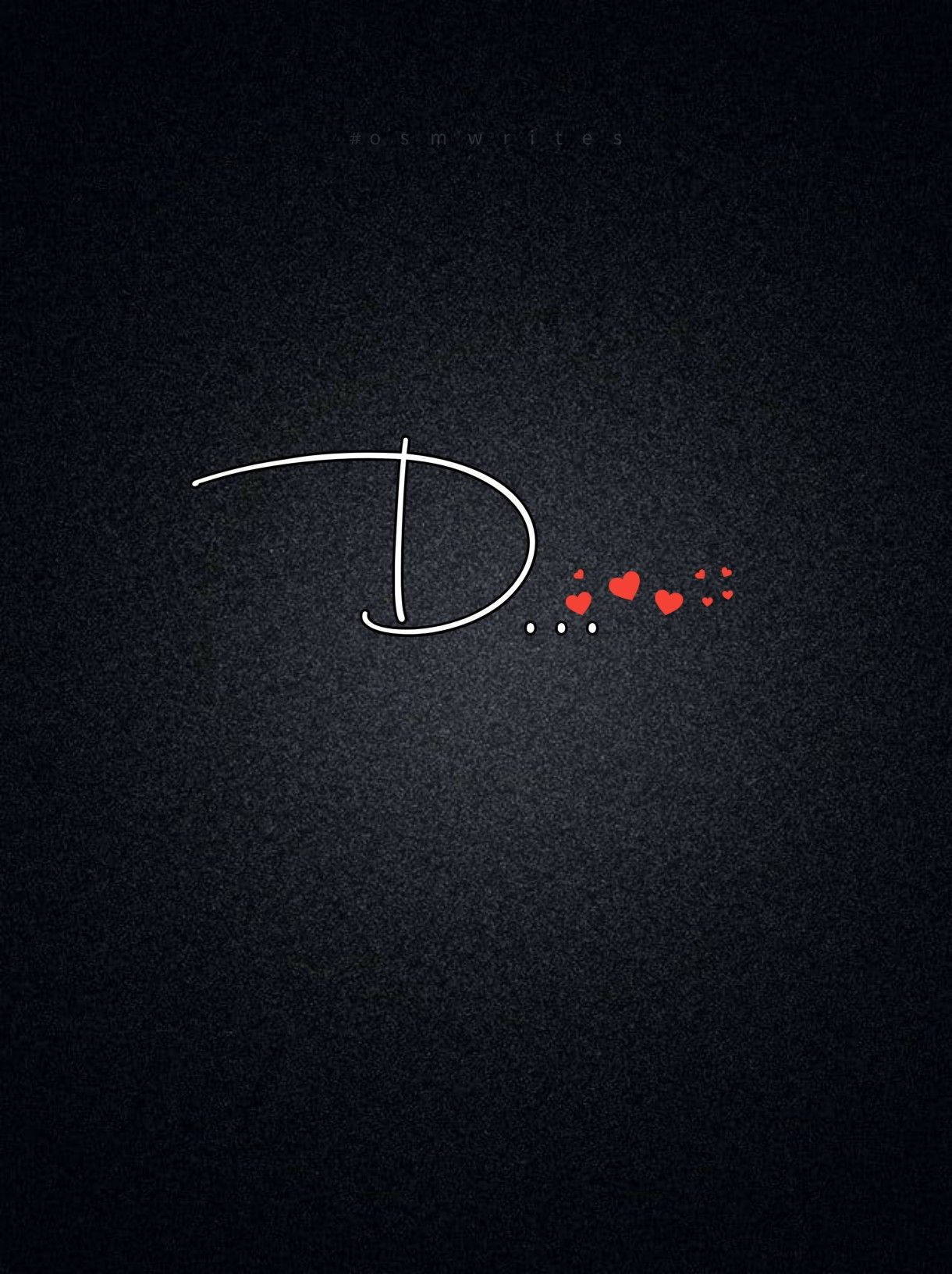 字母D紅心 壁紙 — 一個極簡的白色草書字母D，旁邊有紅色心形圖案，背景為帶紋理的黑色。