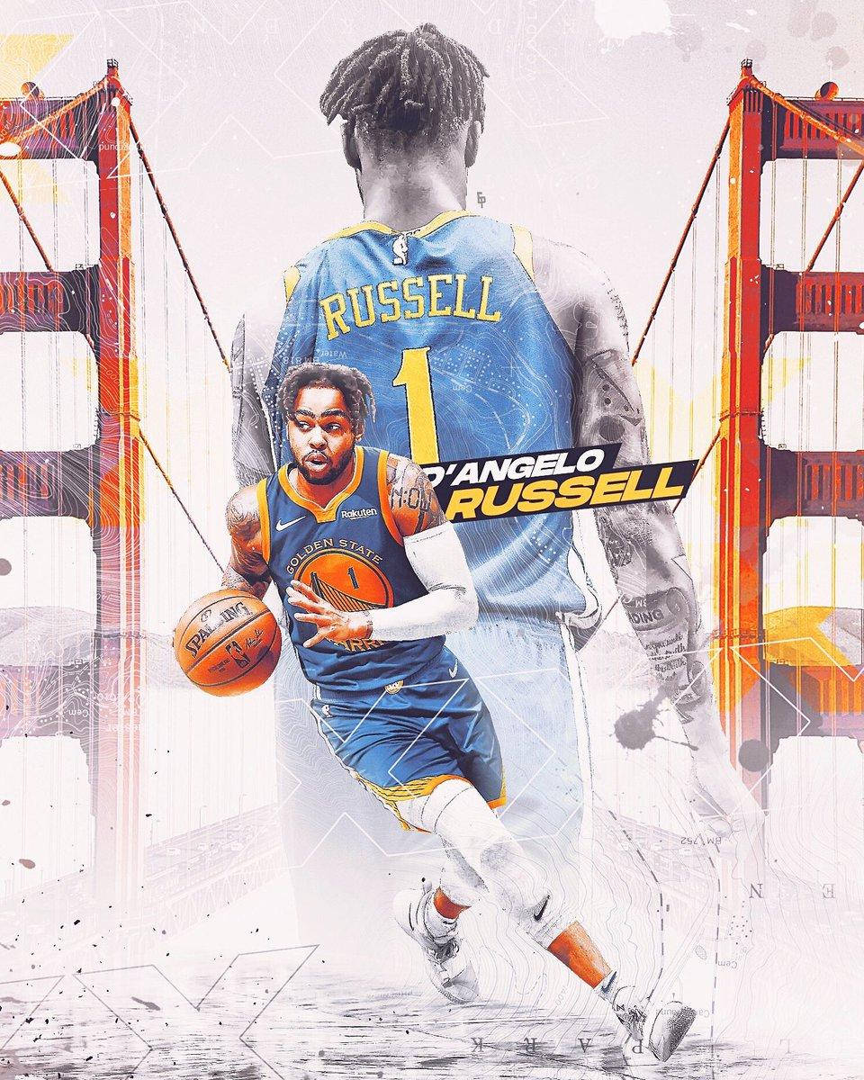 D'Angelo Russell 金門大橋背景 壁紙 — D'Angelo Russell 身穿金州勇士隊球衣，在風格化數位藝術中以金門大橋為背景運球。