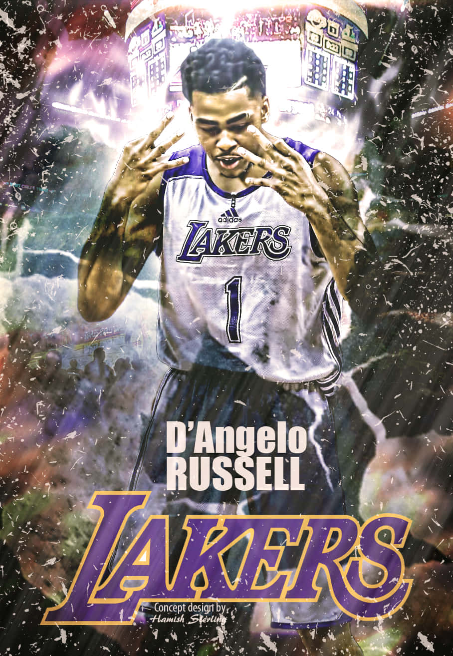 身穿湖人隊球衣的D'Angelo Russell在鮮豔的數位藝術中雙手靠近臉部。