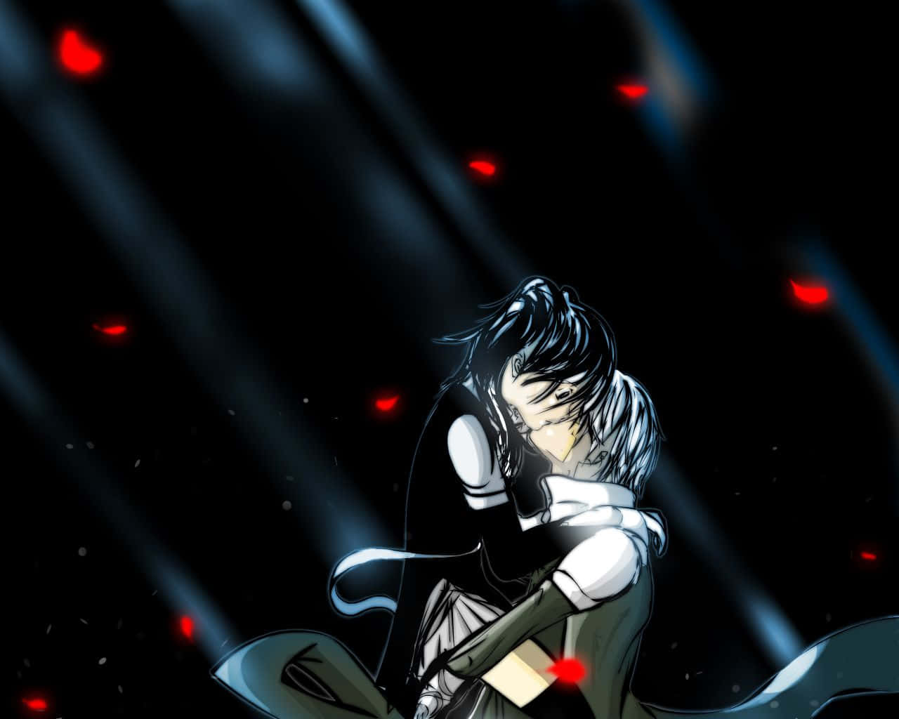 D.Gray-man 蕾娜莉擁抱阿倫 壁紙 — 一個孤獨的動漫角色，深色頭髮，戴著白色手套，站在聚光燈下，黑色背景中飄落著紅色心形。