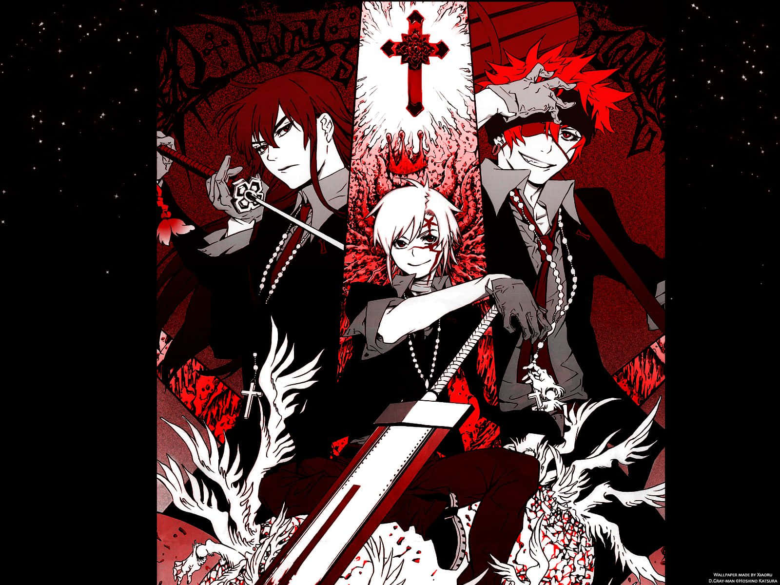 D Gray Man 紅色角色 壁紙 — 三個紅髮白翼的動漫角色在深紅與黑色背景前手持劍，背景有一個發光的十字架。