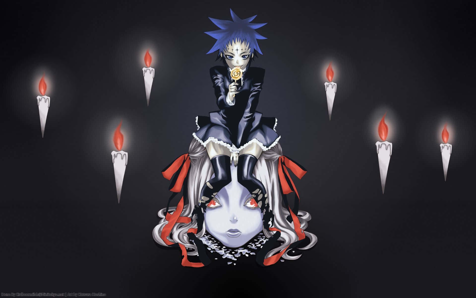 《D.Gray-man》中的神田優：千年伯爵的驅魔師與弟子 壁紙 — 一個藍髮動漫女孩穿著黑色連衣裙，坐在一個蒼白的臉上，有紅色眼睛，周圍漂浮著蠟燭，背景黑暗。