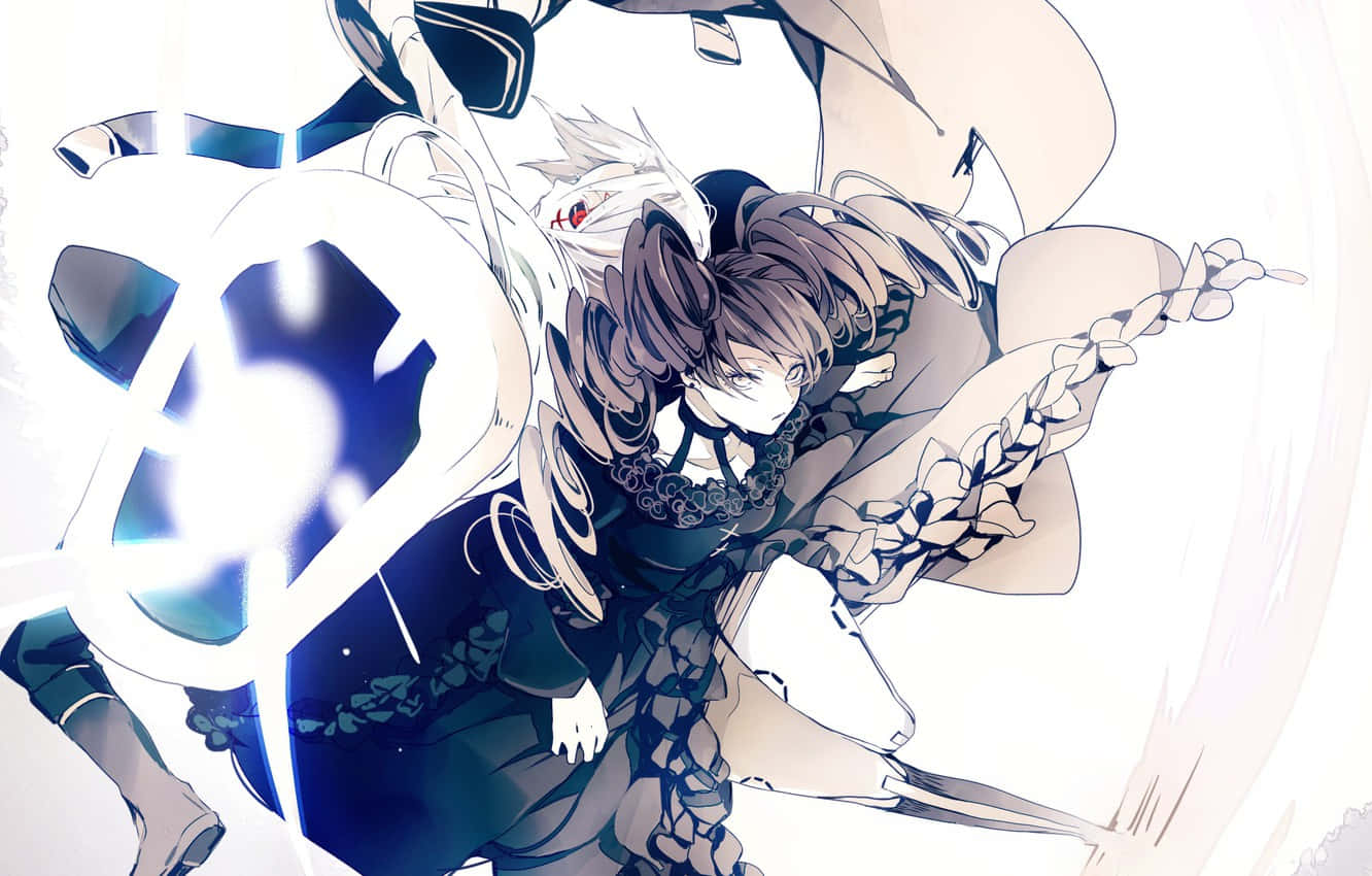 棕色頭髮的動漫女孩以動態姿勢揮舞發光藍色武器。