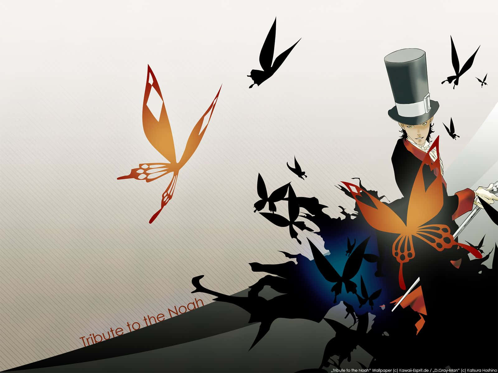 D Gray Man 蒂基·米克與蝴蝶 壁紙 — 一個戴高帽的風格化動漫角色，被黑色和橙色蝴蝶環繞，背景為漸變色。