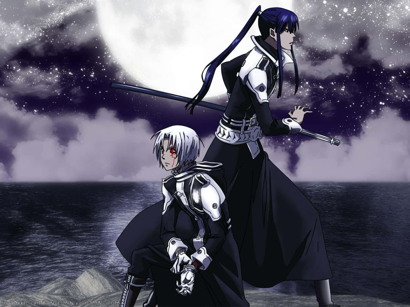 D Gray Man 阿倫·沃克與書川戰鬥 壁紙 — 兩個身穿黑白鎧甲的動漫戰士，在閃耀的滿月和星空下站在海邊。