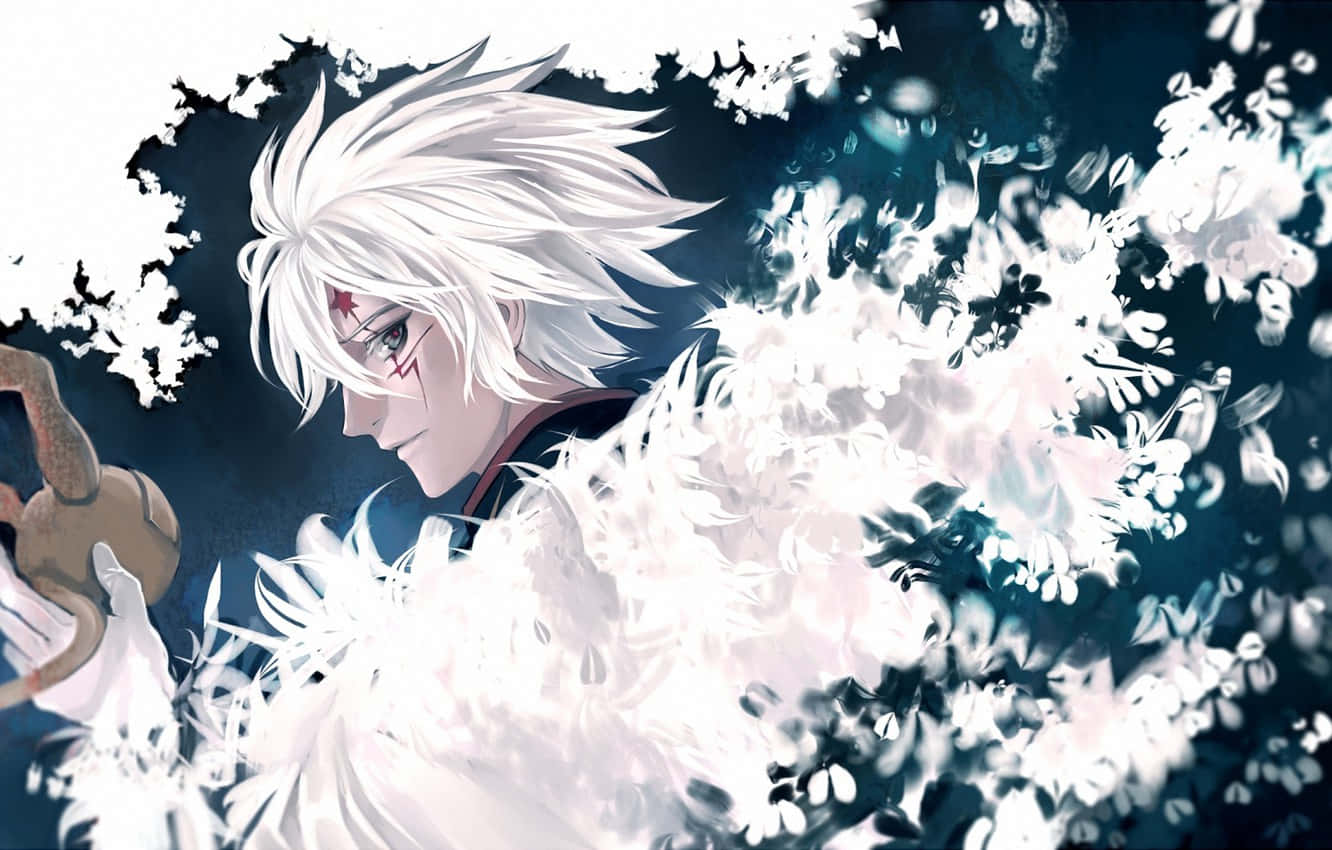 D.Gray-man 阿倫·沃克羽毛環繞 壁紙 — 一位白髮動漫戰士，額頭上有紅色星星，站在深藍色背景中旋轉的白色羽毛之間。