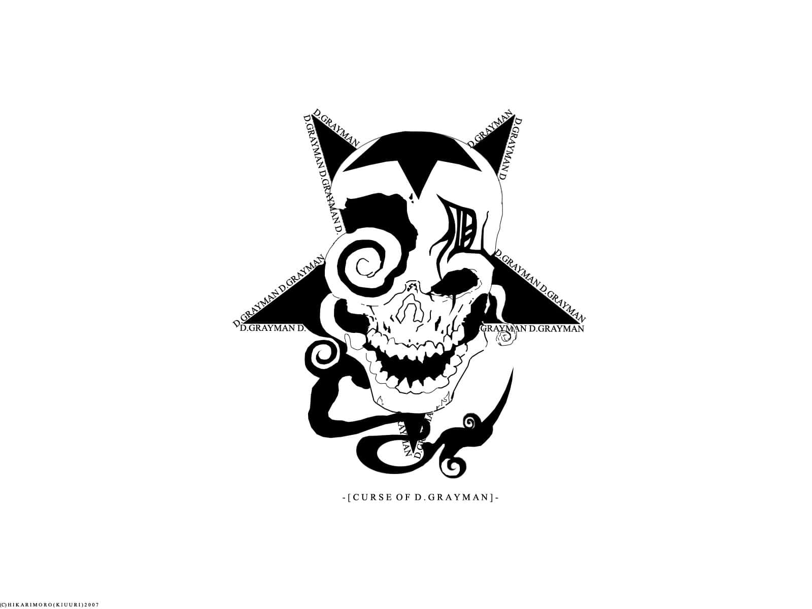 D Gray Man 骷髏標誌 壁紙 — 一個鮮明的黑白插圖，描繪了一個風格化的頭骨，帶有漩渦圖案和星形框架，並重複出現D.Gray-man文字。