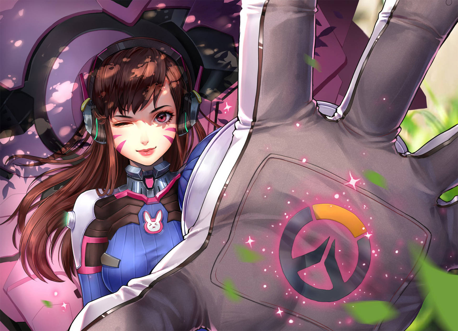 動漫Overwatch角色在發光的手套手旁邊眨眼，伴隨著櫻花。