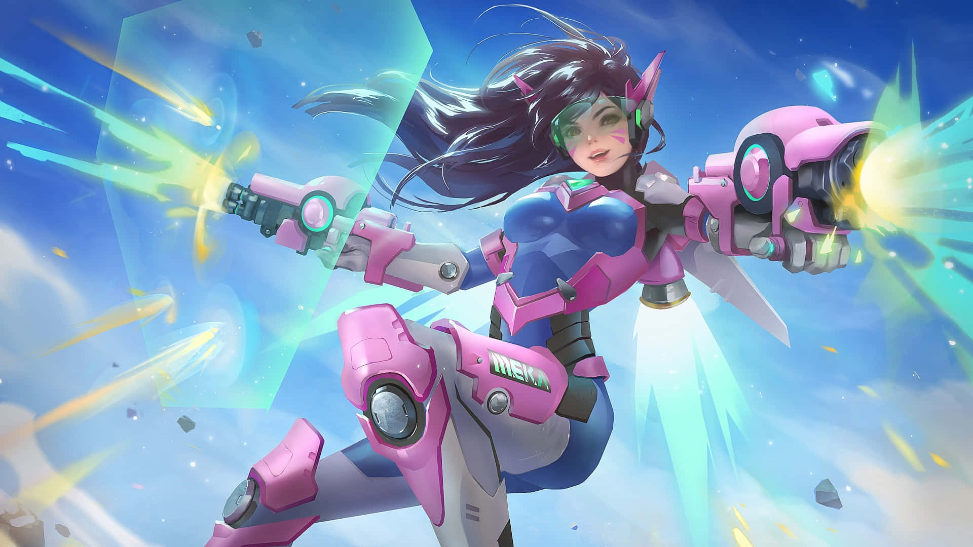 D.VA 虛構角色 1920x1080 遊戲背景 壁紙 — 一位身穿粉藍色盔甲的動感動漫風格女英雄，在明亮的天空背景下發射能量武器。