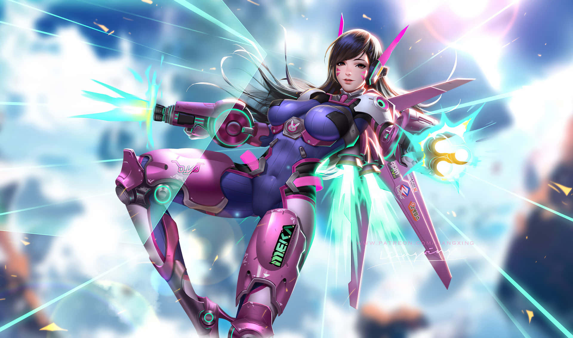 動畫女性機甲戰士在空中發射能量武器