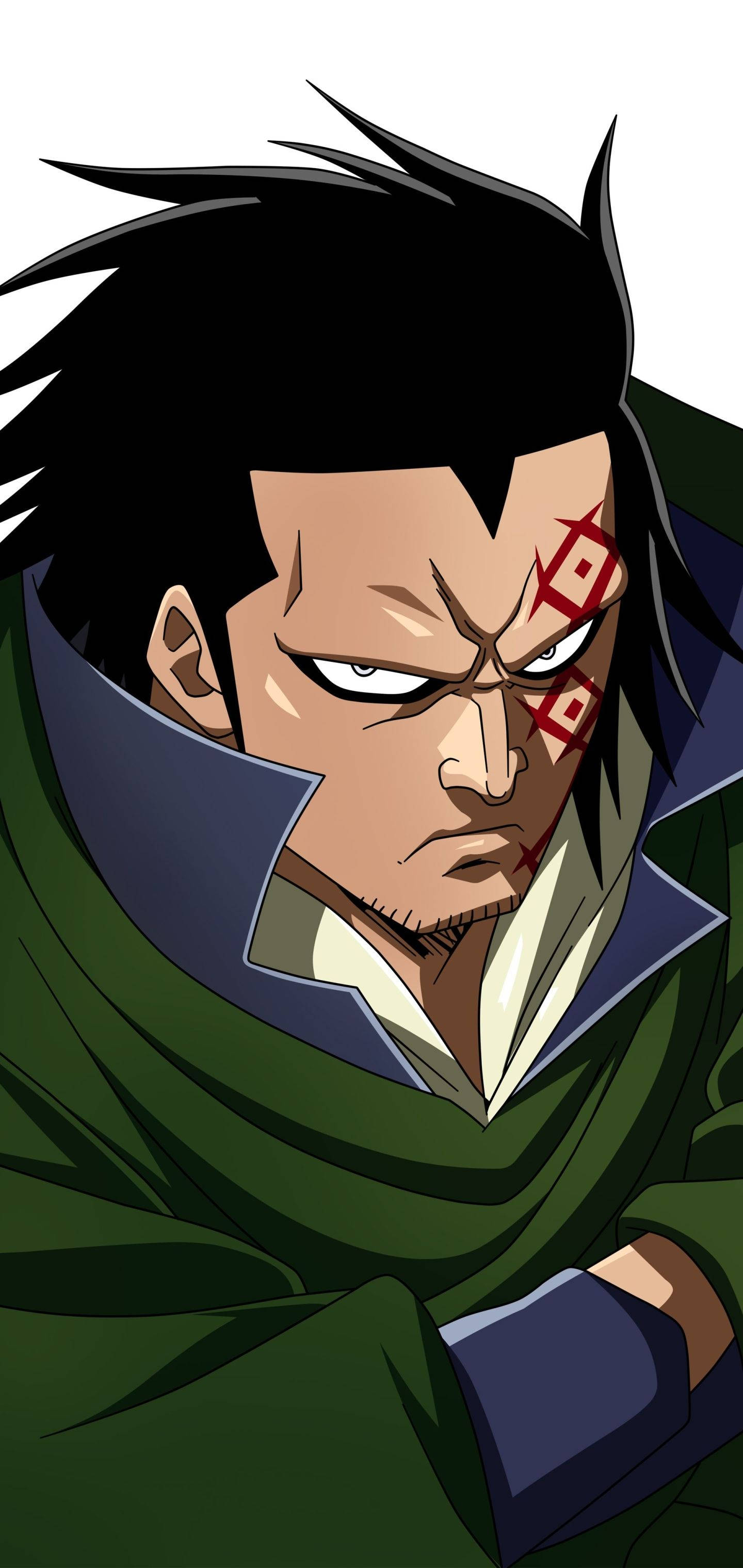 蒙奇·D·龍綠色披風 壁紙 — 一個兇猛的動漫戰士，黑色刺蝟頭，臉上帶有紅色標記，身穿綠色斗篷，眼神銳利。