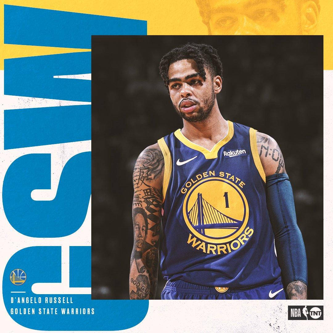 D'安吉洛·羅素CSW海報 壁紙 — 身穿金州勇士隊球衣的D'Angelo Russell，手臂上紋身清晰可見，在搶眼的藍黃色圖形背景前凝視著。