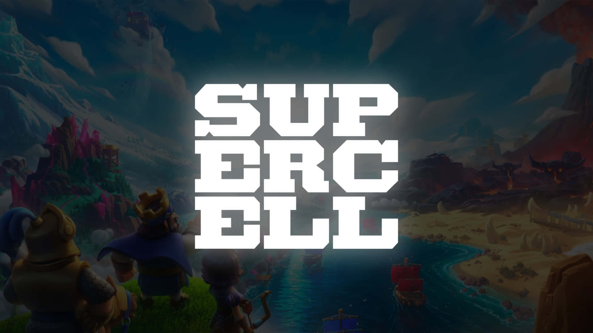  壁紙 — 大膽的白色Supercell標誌疊加在一個帶有卡通角色和蜿蜒河流的奇幻景觀上，天空多雲。