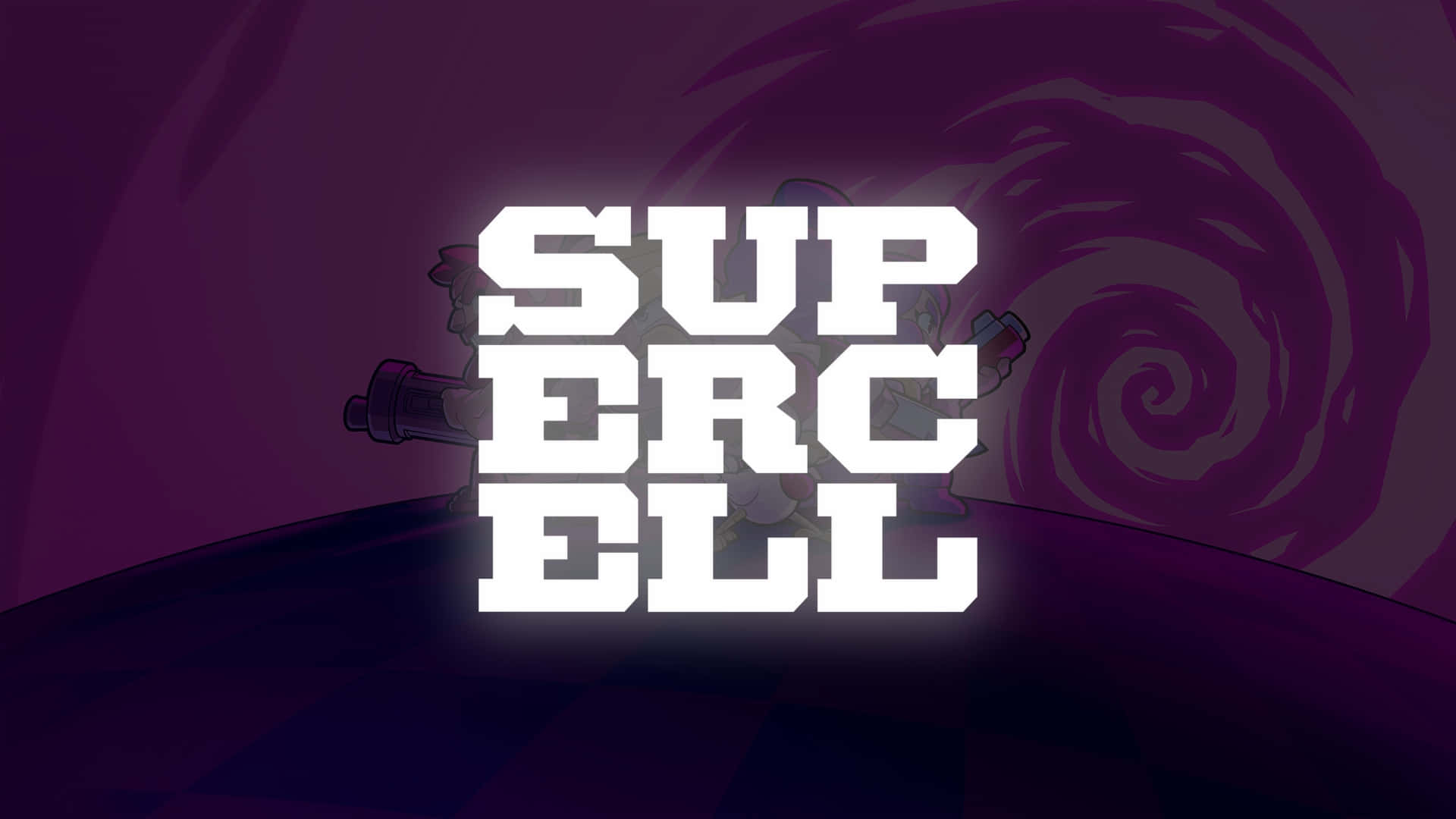 壁紙 — 大膽的白色Supercell標誌在旋轉的紫色漩渦背景上發光，帶有微妙的角色剪影。