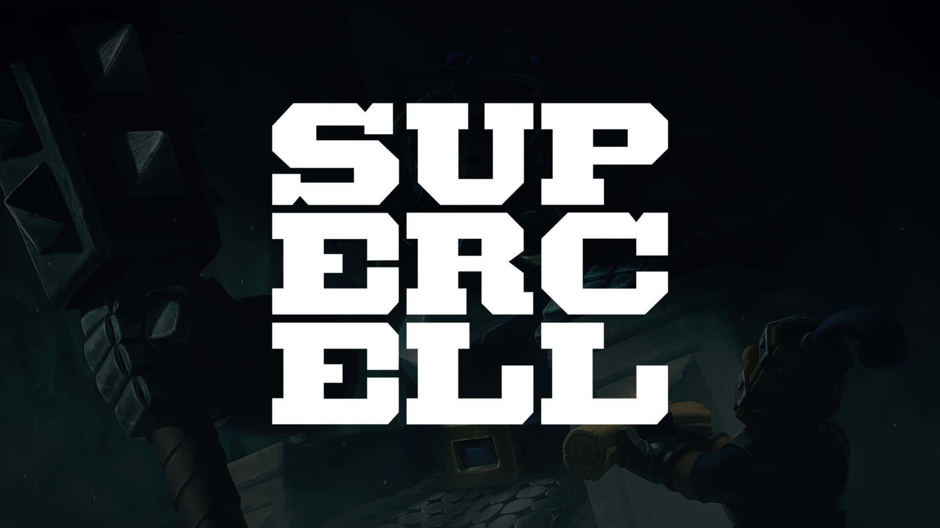  壁紙 — 大膽的白色Supercell標誌主導了黑暗場景，戴著手套的手握著遊戲裝備。