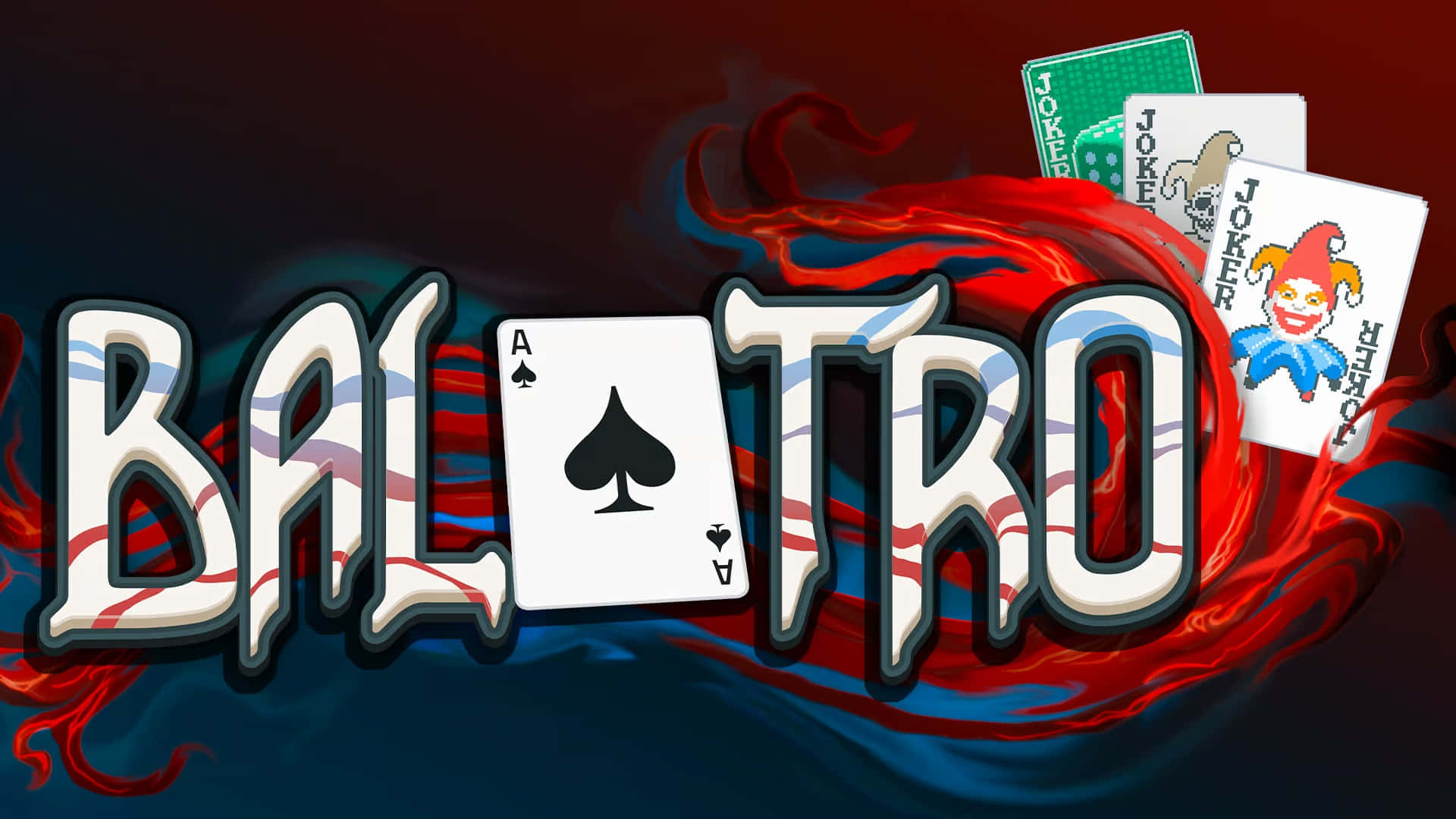  壁紙 — 大膽的 'BAL-TRO' 標誌，黑桃A和小丑牌在火紅和深藍的數位藝術中旋轉。