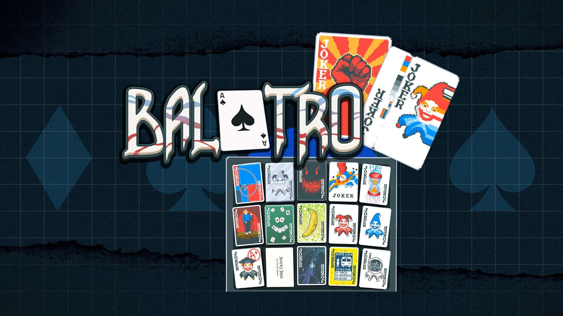  壁紙 — 大膽的 'BAL-TRO' 標誌，撲克牌和小丑牌排列在帶有撕裂邊緣的深色網格背景上。