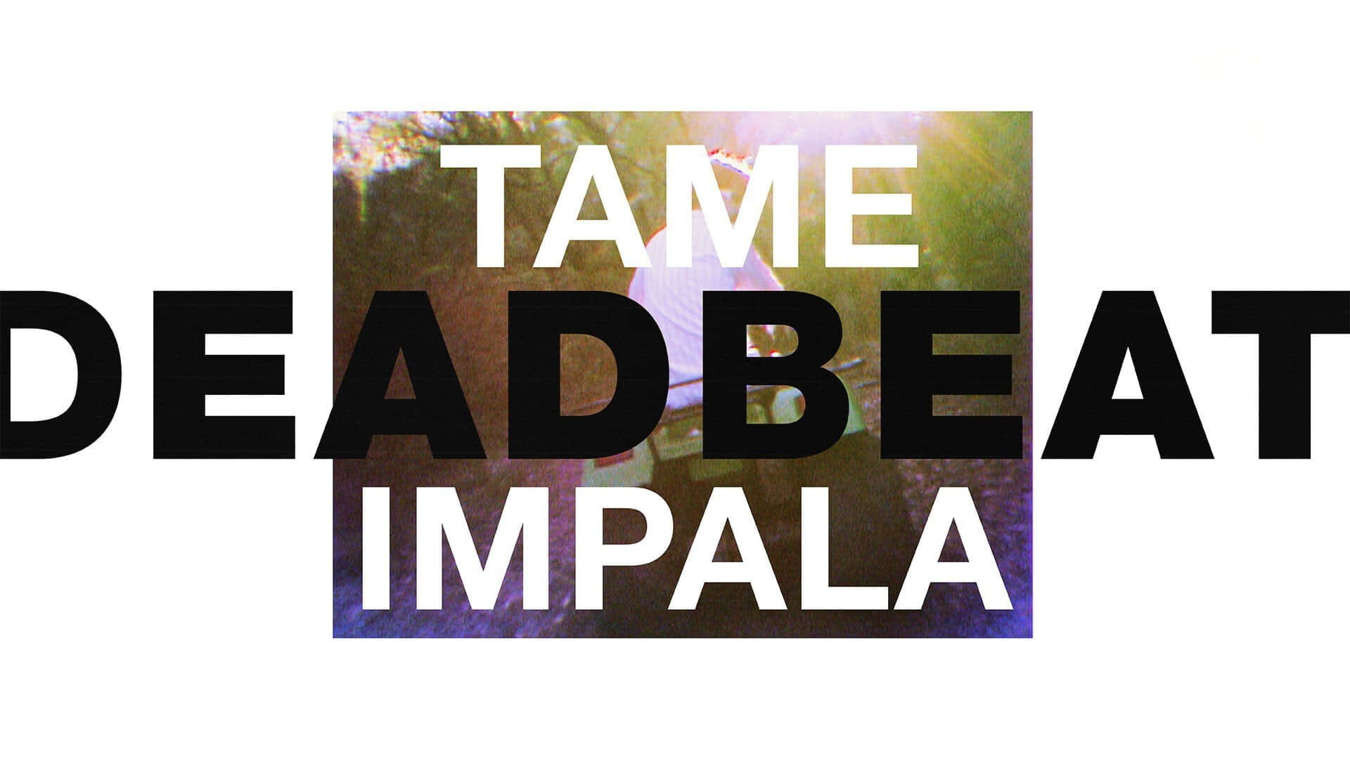  壁紙 — 大膽的黑白文字在色彩繽紛的抽象背景上拼出 TAME DEADBEAT IMPALA，背景帶有模糊的樹葉和光效。