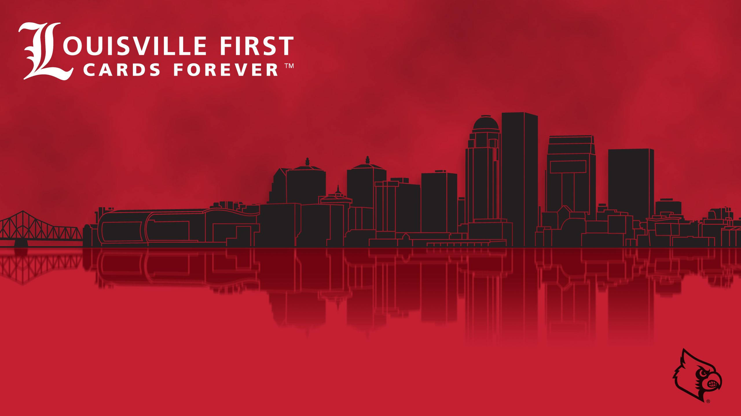 Louisville 桌布 壁紙 — 大膽的黑色路易斯維爾天際線剪影，帶紅色漸變背景和倒影。