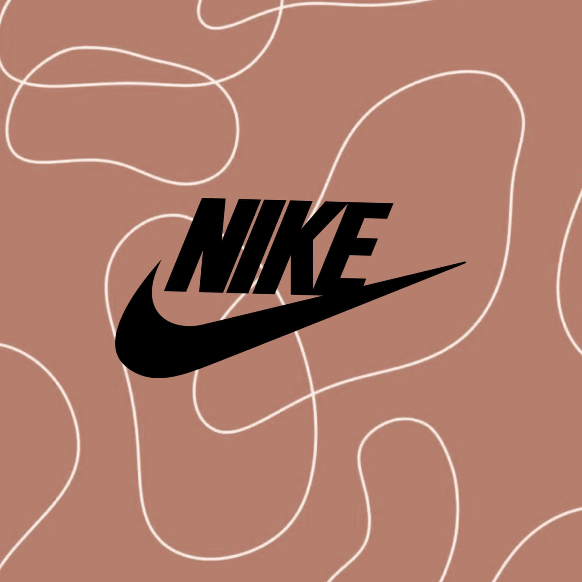  壁紙 — 大膽的黑色Nike標誌居中於陶土色背景上，帶有流動的白色線條藝術。