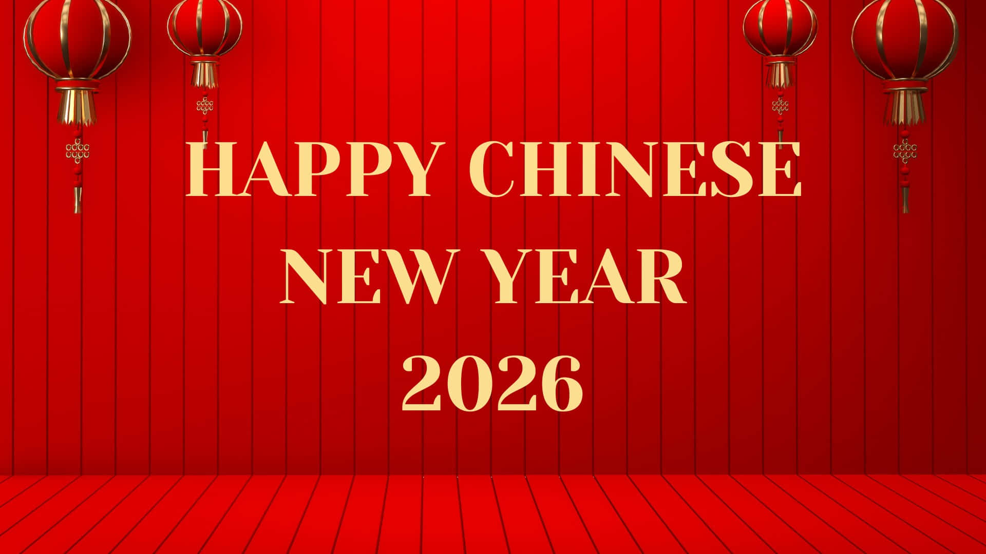  壁紙 — 大膽的紅色木製面板框住金色2026年農曆新年文字，掛著燈籠，背景是鮮豔的紅色。