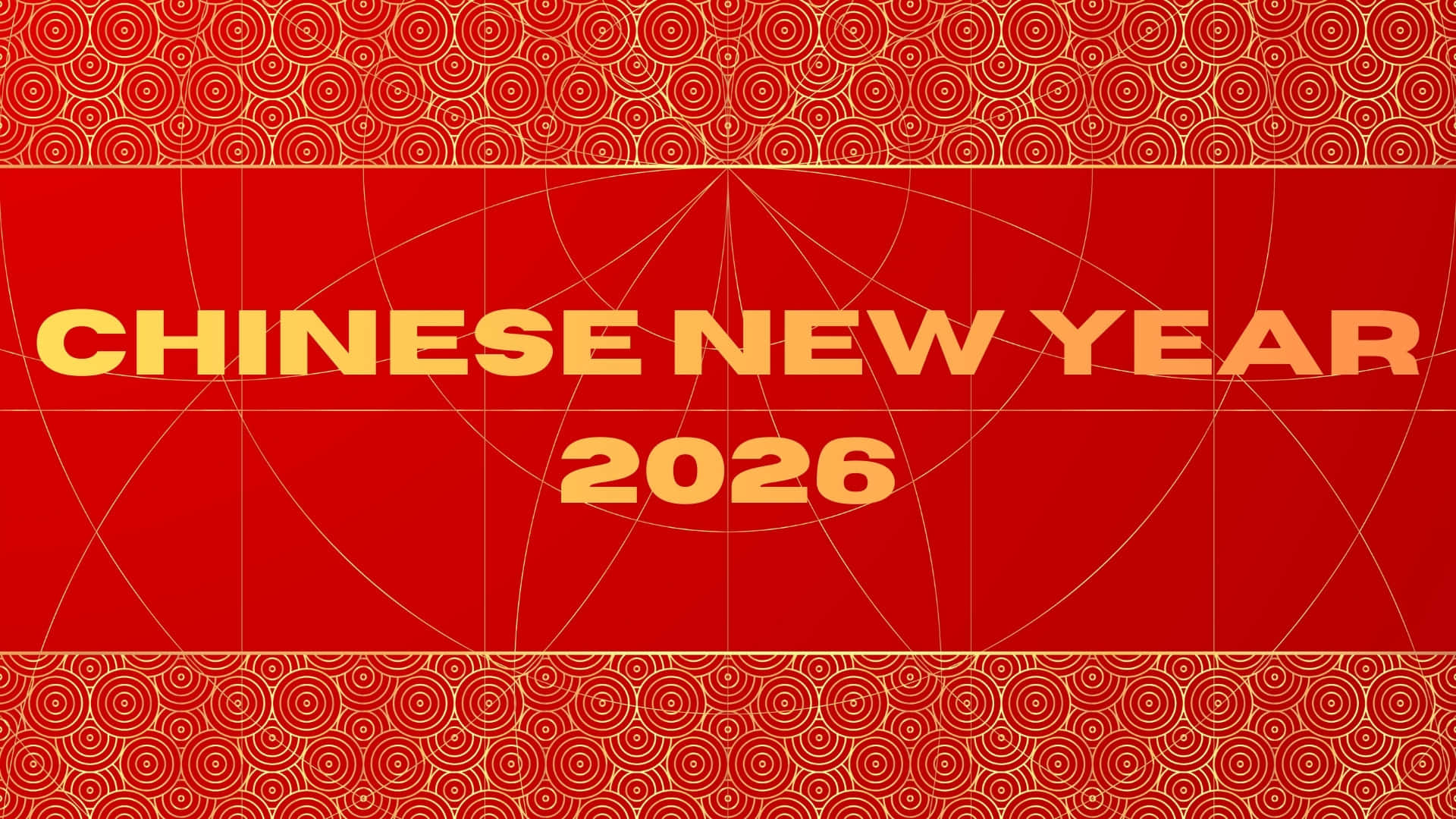  壁紙 — 大膽的紅色圖形，帶有金色2026年農曆新年文字，並以重複的圓形圖案框住。