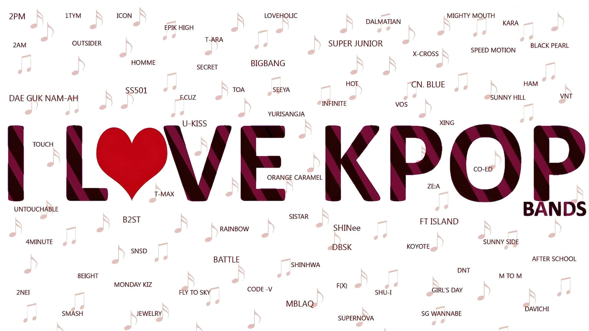  壁紙 — 大膽的紅色心形和KPOP文字，周圍散落著樂隊名稱和音符，背景為白色。