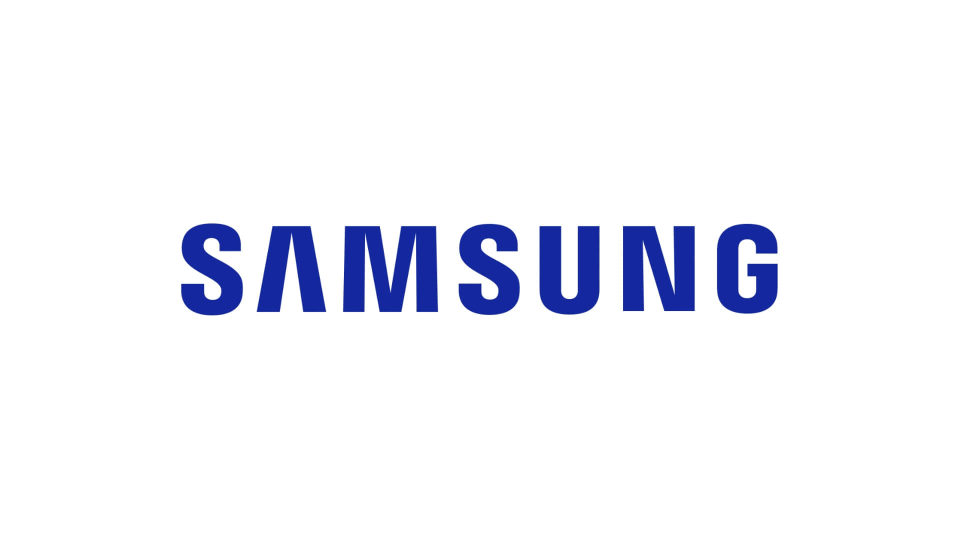  壁紙 — 大膽的藍色Samsung標誌居中在乾淨的白色背景上，搭配極簡字體。