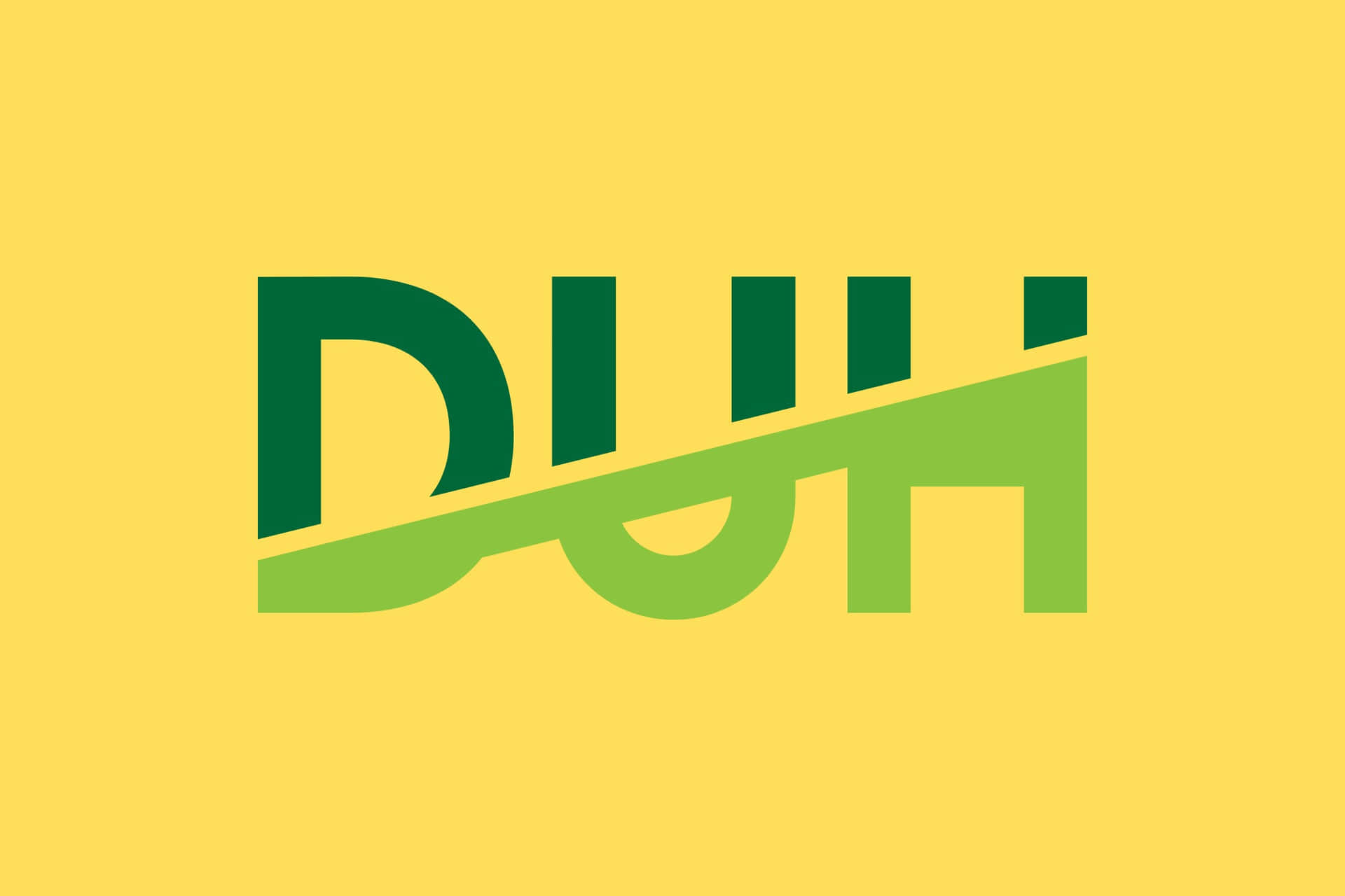  壁紙 — 大膽的綠色風格文字「Duh」在純黃色背景上對角分割。