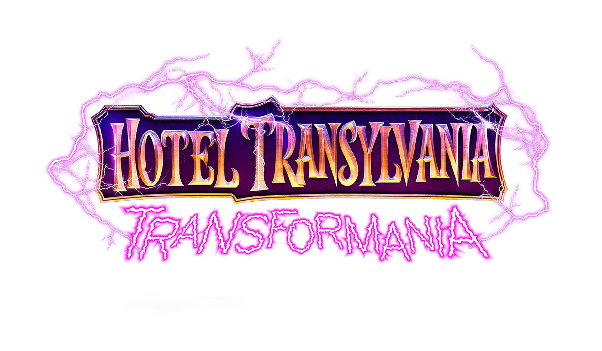 《怪物酒店：變身狂歡》霓虹粉標誌 壁紙 — 大膽的紫色和金色 'Hotel Transylvania Transformania' 標誌在純白色背景上閃爍著充滿活力的粉紅色閃電。
