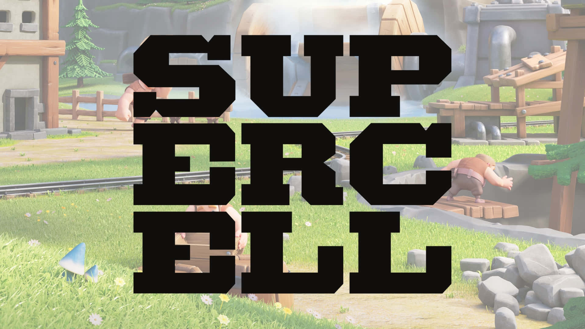  壁紙 — 大膽黑色Supercell標誌覆蓋在充滿活力的3D渲染村莊場景上，有草地和木結構。