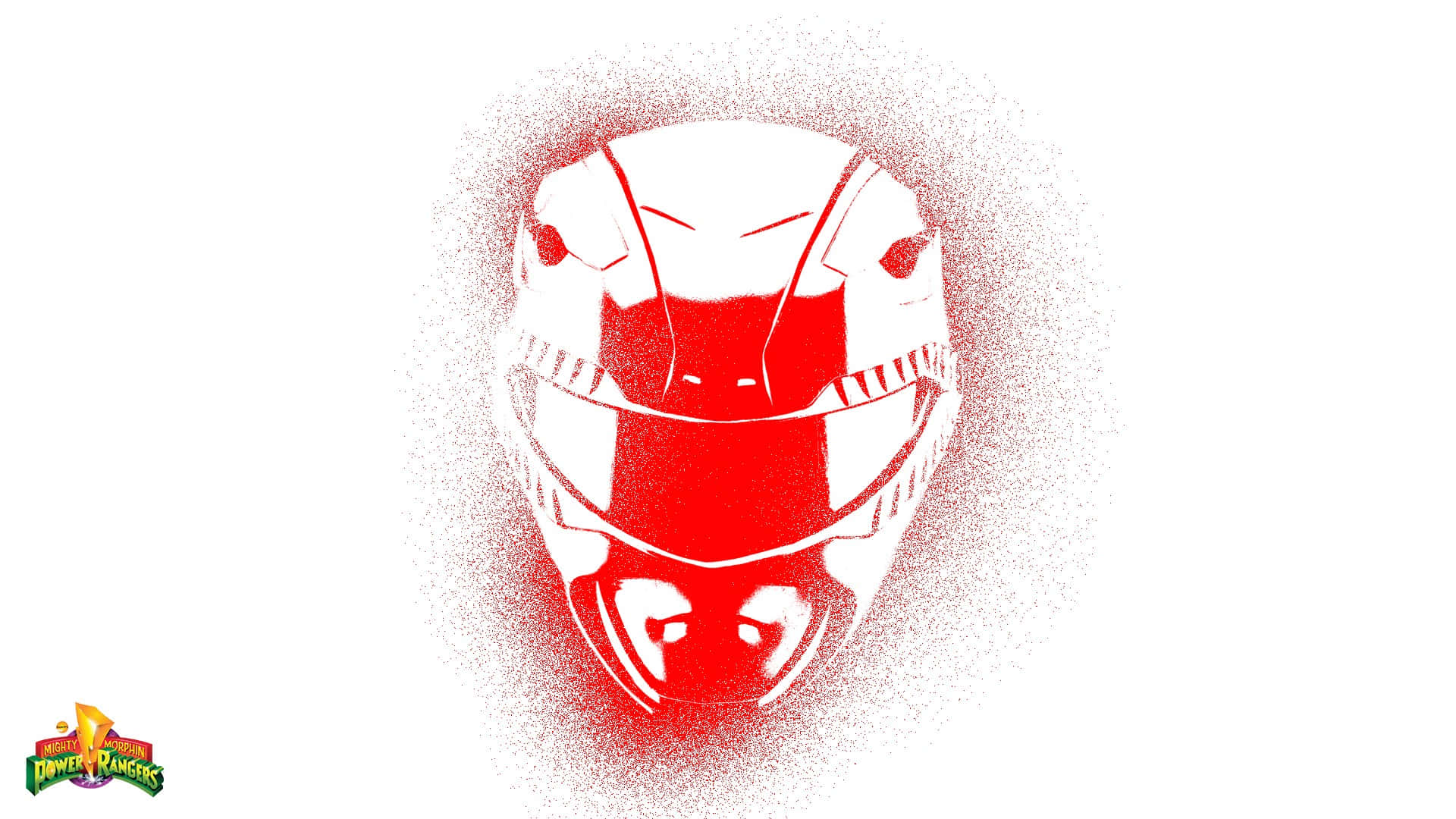  壁紙 — 一個大膽的紅白Power Ranger頭盔，以粗糙的噴漆風格呈現在純白背景上。