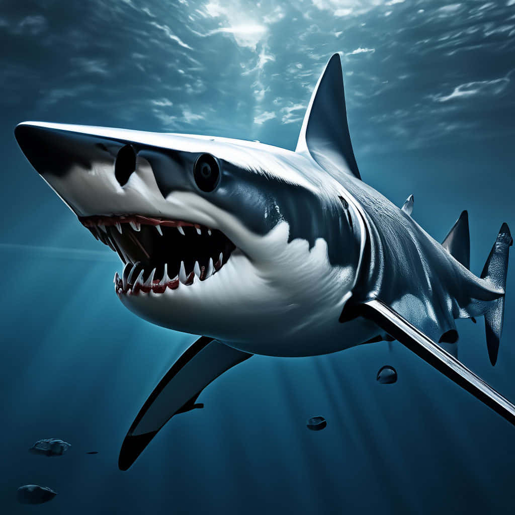  壁紙 — 一條擁有鋒利牙齒的大白鯊，在陽光從上方穿透的深藍色海水中威脅性地游動。