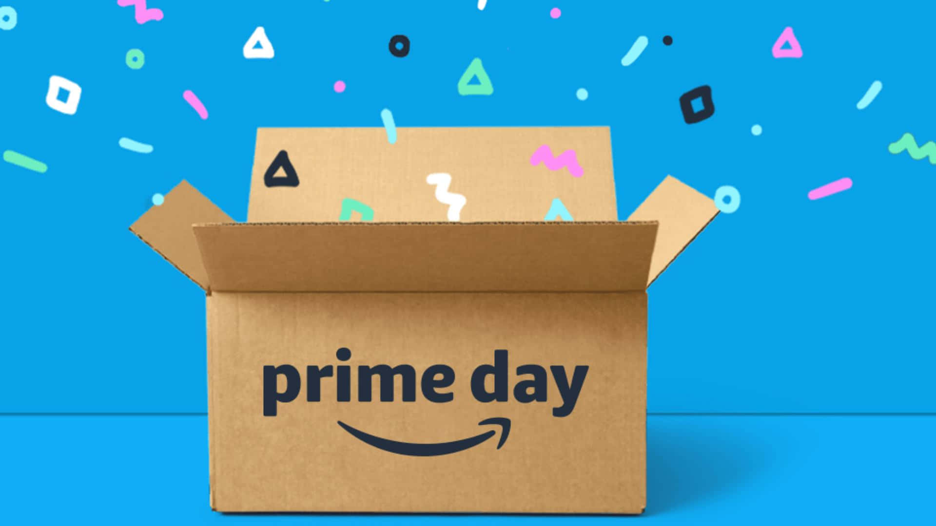  壁紙 — 一個打開的亞馬遜Prime Day紙箱，在明亮的藍色背景上爆出五彩繽紛的紙屑。