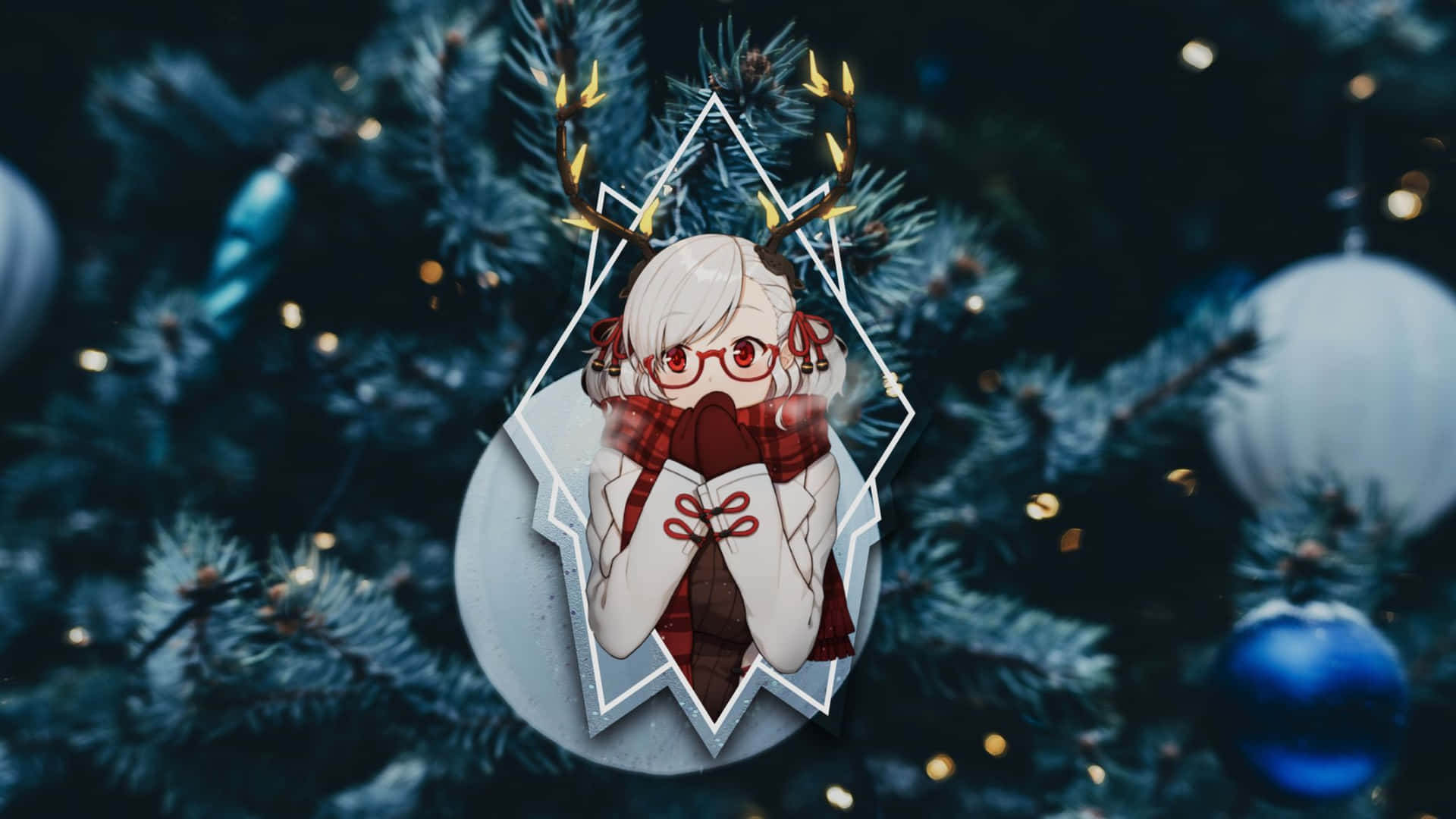 壁紙 — 戴著馴鹿角同紅色圍巾嘅動漫女仔喺模糊嘅聖誕樹背景下溫暖咁擁抱自己。