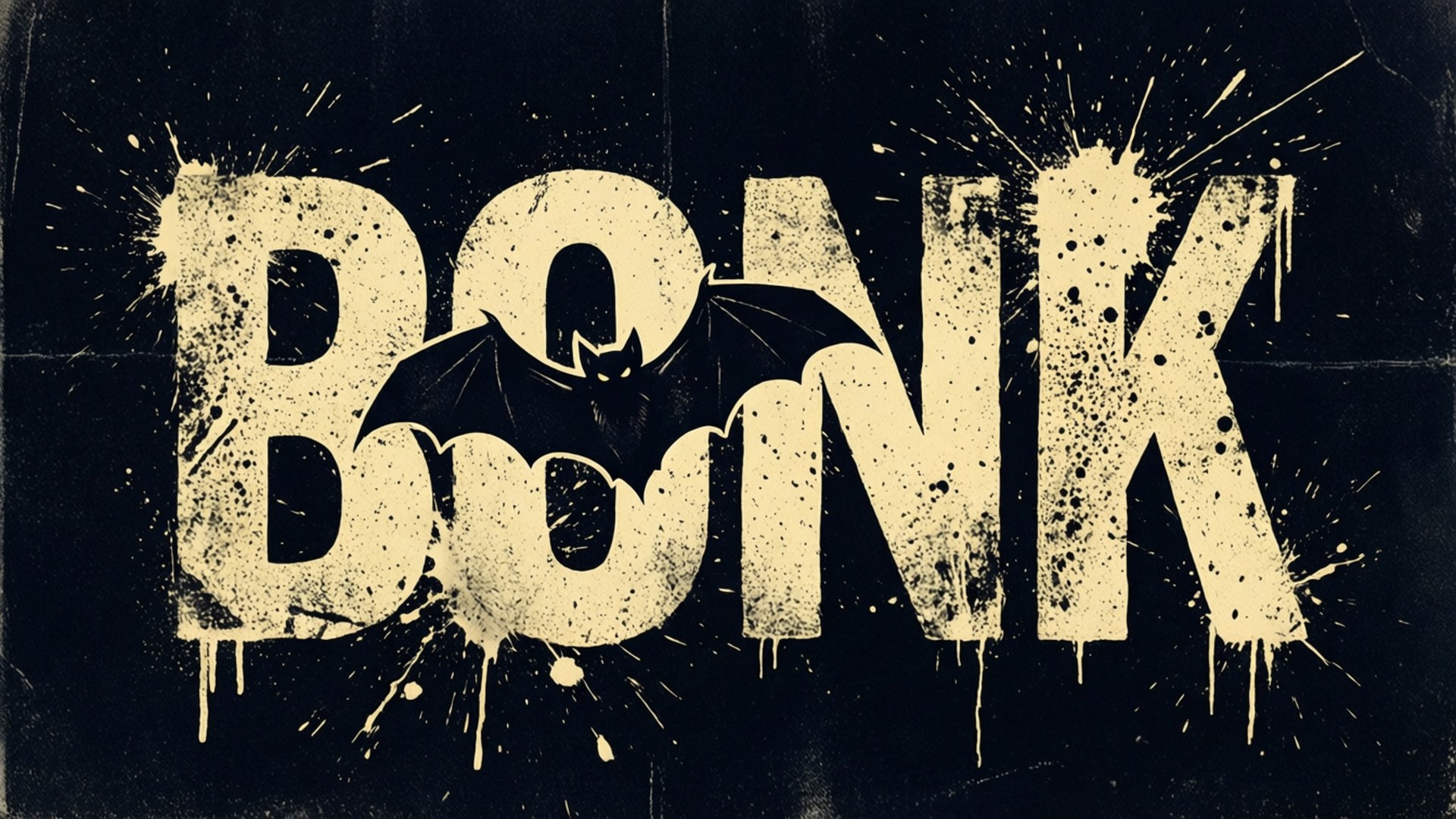 Grunge Bonk Poster 壁紙 — 大膽的磨損奶油色字母拼出BONK，O內有蝙蝠剪影，背景為深色紋理並帶有飛濺效果。