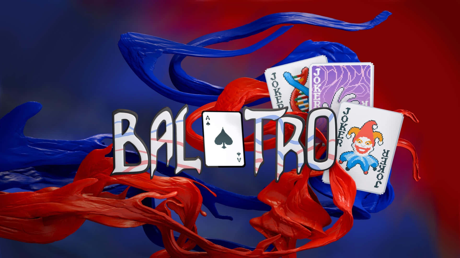  壁紙 — 大膽嘅 'BAL-TRO' 標誌，配有啤牌同旋轉嘅紅藍液體，背景係漸變色。
